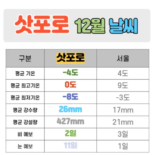 삿포로 12월 날씨 핵심정리